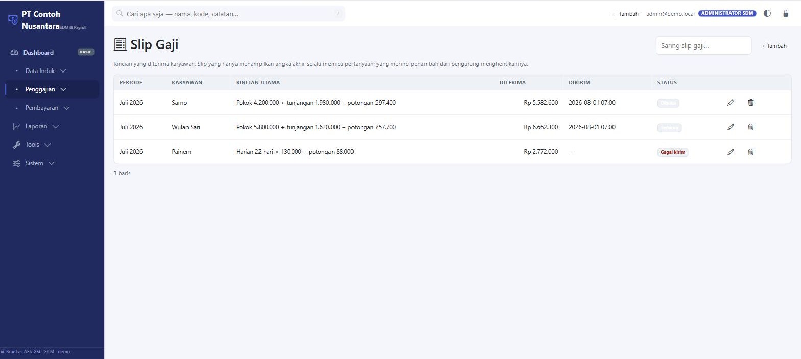 Slip gaji — rincian penambah dan pengurang, bukan hanya angka akhir. Status kirim menandai slip yang belum sampai ke karyawan.